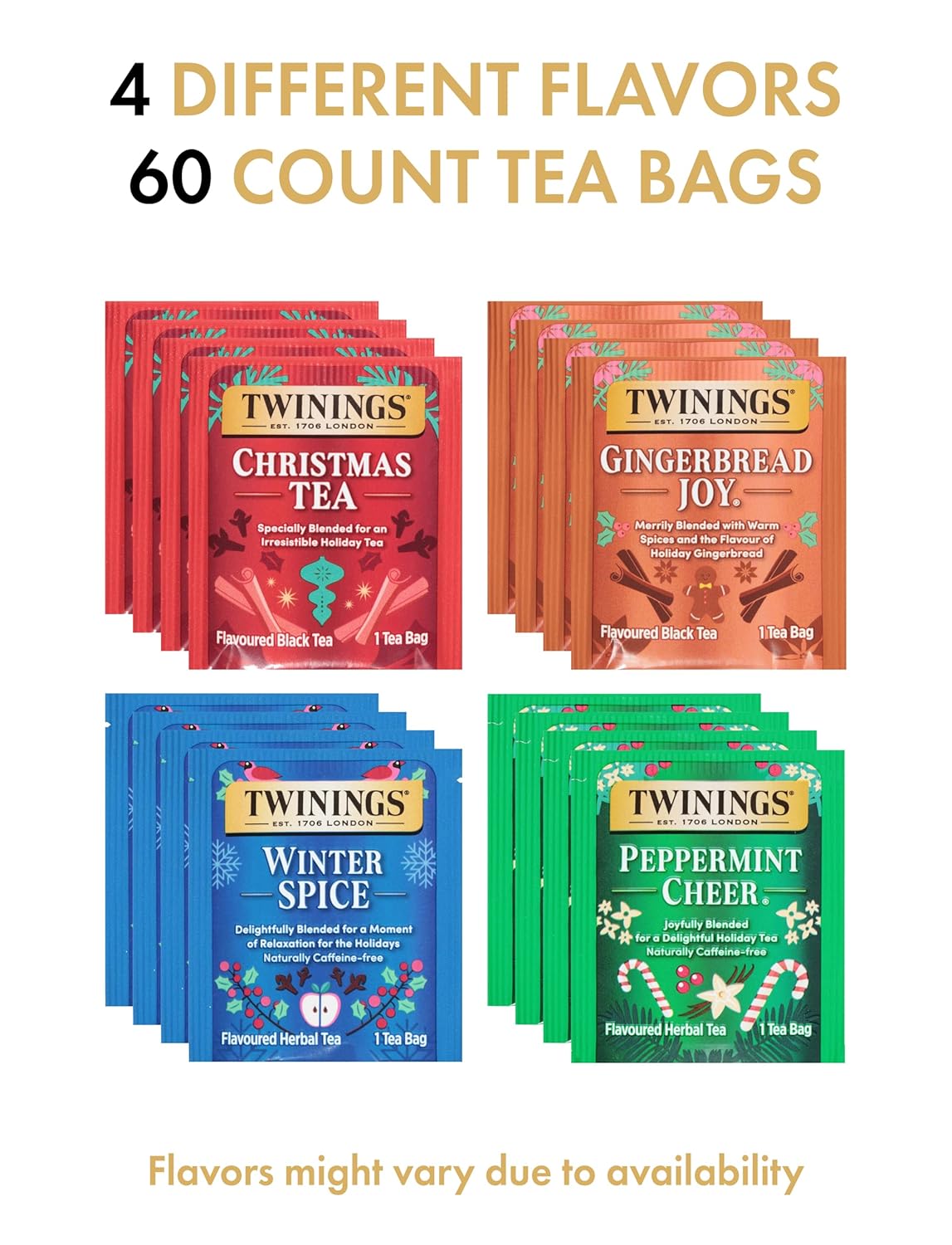 Twinings Christmas Holiday Tea Bag Variety Pack (60 Count), 4 Seasonal Flavors in a Bamboo Tea Chest Organizer, Gift for Women, Men, Friends, Couples, Mom, Dad, Family