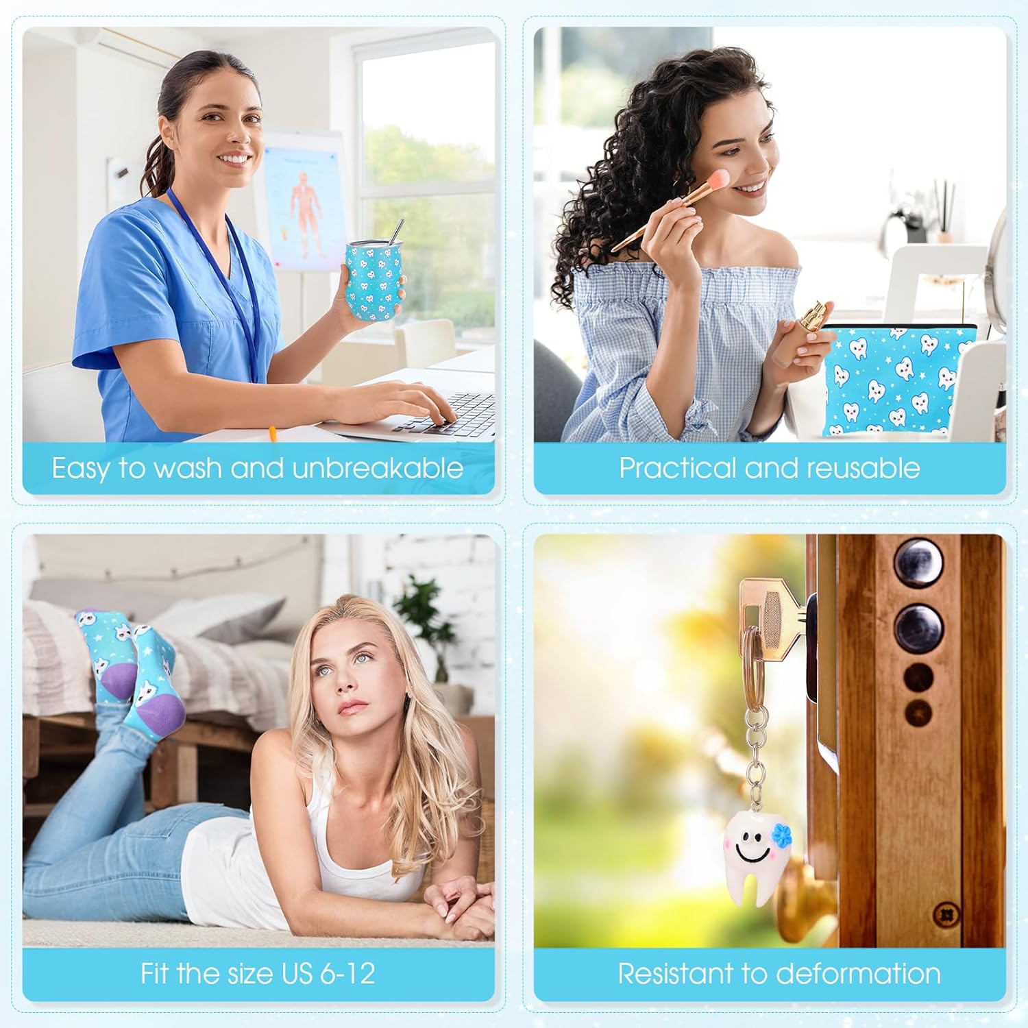 Sliner 4 Pcs Dental Assistant Gifts Set 12 oz Blue Teeth Stainless Steel Tumbler Cosmetic Bag Tooth Shape Keychain Novelty Tooth Sock Dental Hygienist Gifts for Nurse Dentist Christmas Graduation