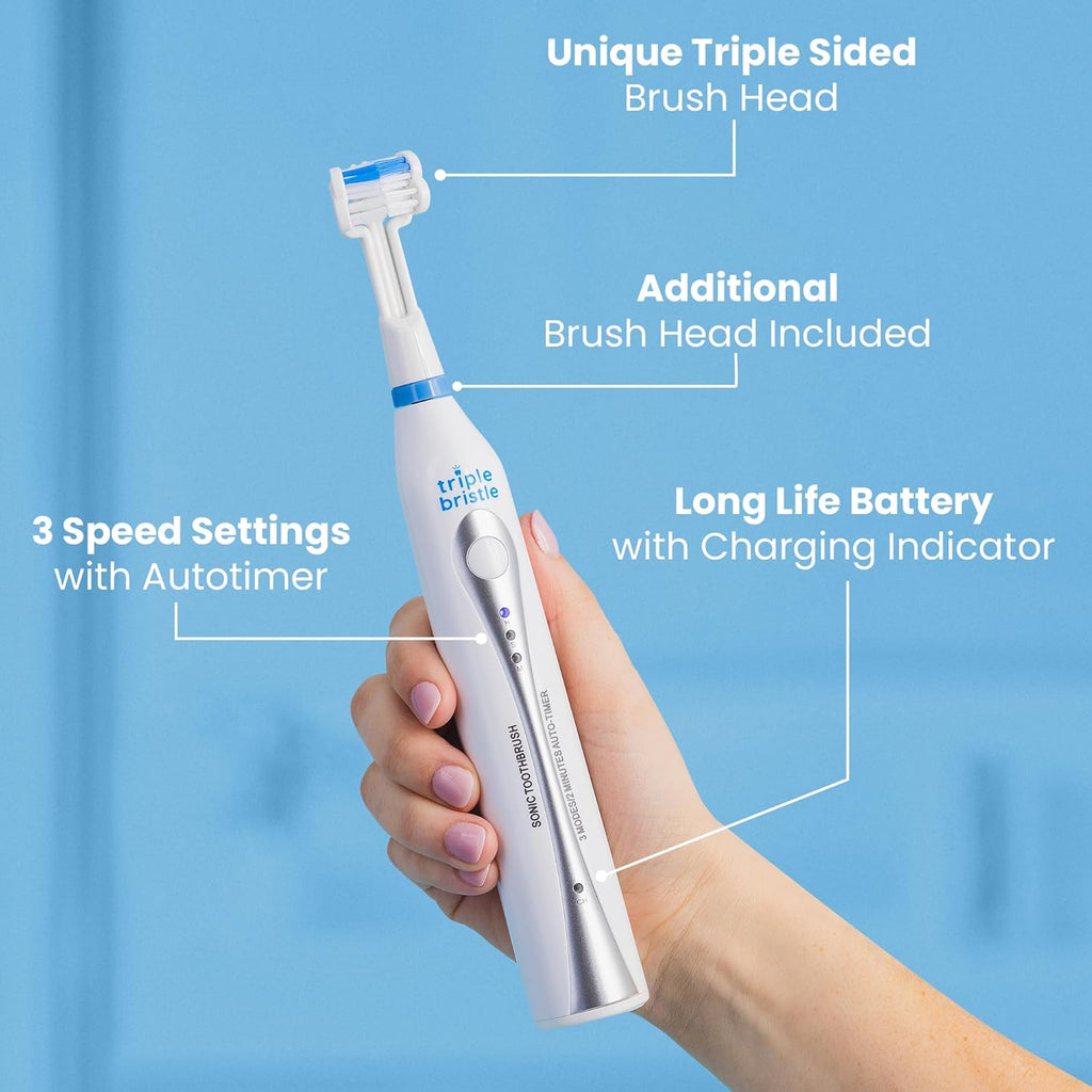 Triple Bristle Original Sonic Toothbrush | Rechargeable 31,000 VPM Tooth Brush | Patented 3 Head Design | Angled Bristles Clean Each Tooth | Dentist Approved | Triple Bristle Original + Oral Care Kit
