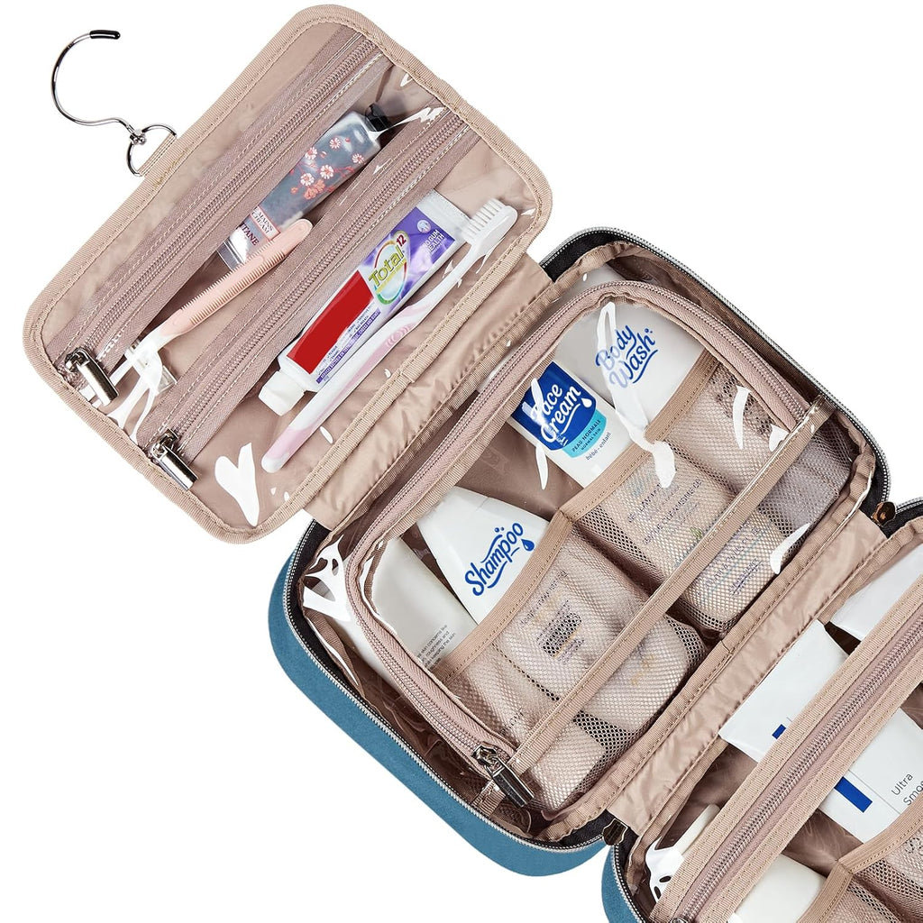 NISHEL Travel Toiletry Bag for women, Portable Hanging Organizer for Travel-Sized Shampoo, Conditioner, Brushes Set, Makeup Accessories, Medium Size, Lake-Blue