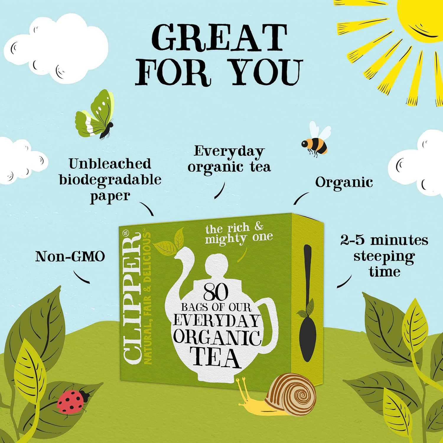 Clipper Tea Organic Fairtrade Everyday - USDA Organic, Non-GMO, Fair Trade, Sustainable Caffeinated British Tea, 4 Pack, 320 Unbleached Tea Bags - New Foil Free 100% recyclable packaging