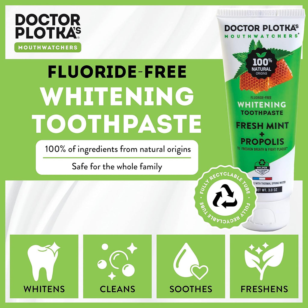 MOUTHWATCHERS Whitening Fluoride Free Naturally Sourced Toothpaste, 4 Tubes, 3 oz Each, for Sensitive Teeth and Gums, Organic, SLS Free, Fresh Organic Mint and Propolis, by Dr. Plotka's