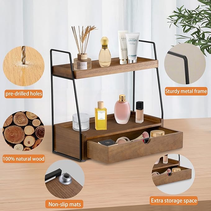 2-Tier Bathroom Organizer Countertop with Drawer, Wood Counter Organizer for Bathroom Decor, Sink Shelf for Vanity Storage, Makeup Tray for Perfume Skincare Bedroom Kitchen Corner