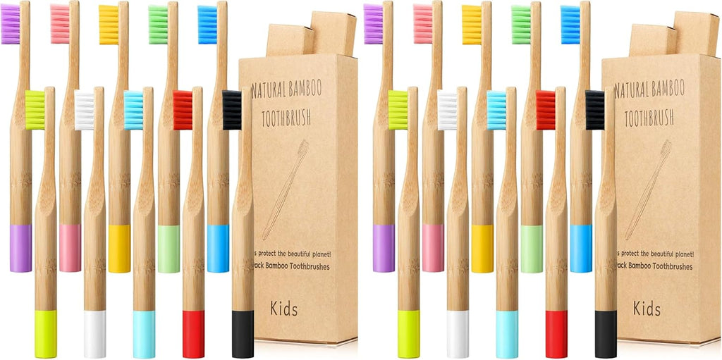 10 Piece Kids Bamboo Toothbrush Set - Natural Soft Bristle, Wooden, Toddler to Adult, Organic, BPA-Free, Colorful Travel Pack (Pack of 2)