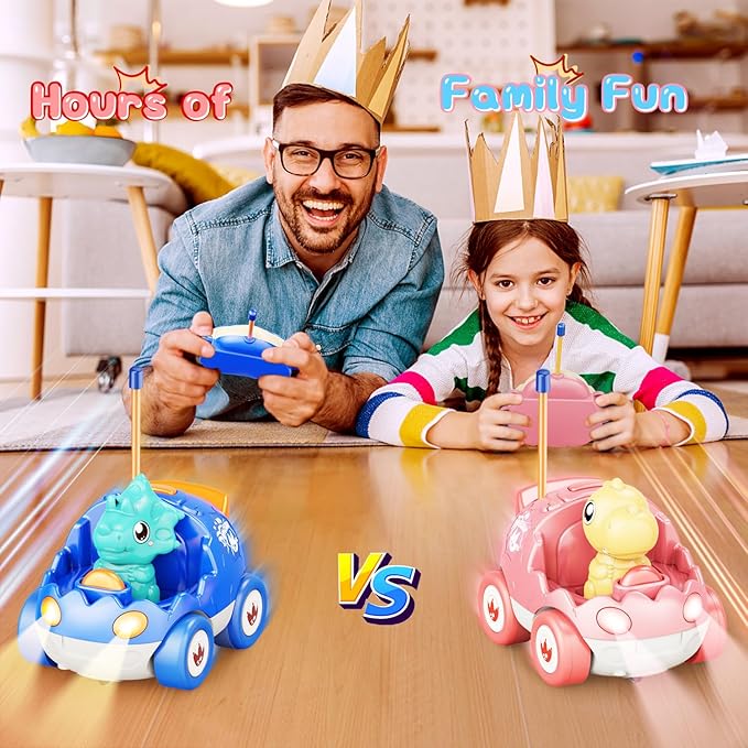 2 Pack Pink Dinosaur Remote Control Car Toys, Christmas Birthday Gifts for Girls 2 3 4 5 Years Old, Dino RC Car with Music and Light, Toddlers Toys for Kids 2-5 Year Old,(Pink Blue)
