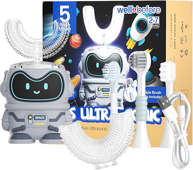 Well Before Ultrasonic Kid's U-Shaped Electric Toothbrush, IPX7 Waterproof, Five Cleaning Modes (Spaceman, Grey Ages 2-7)