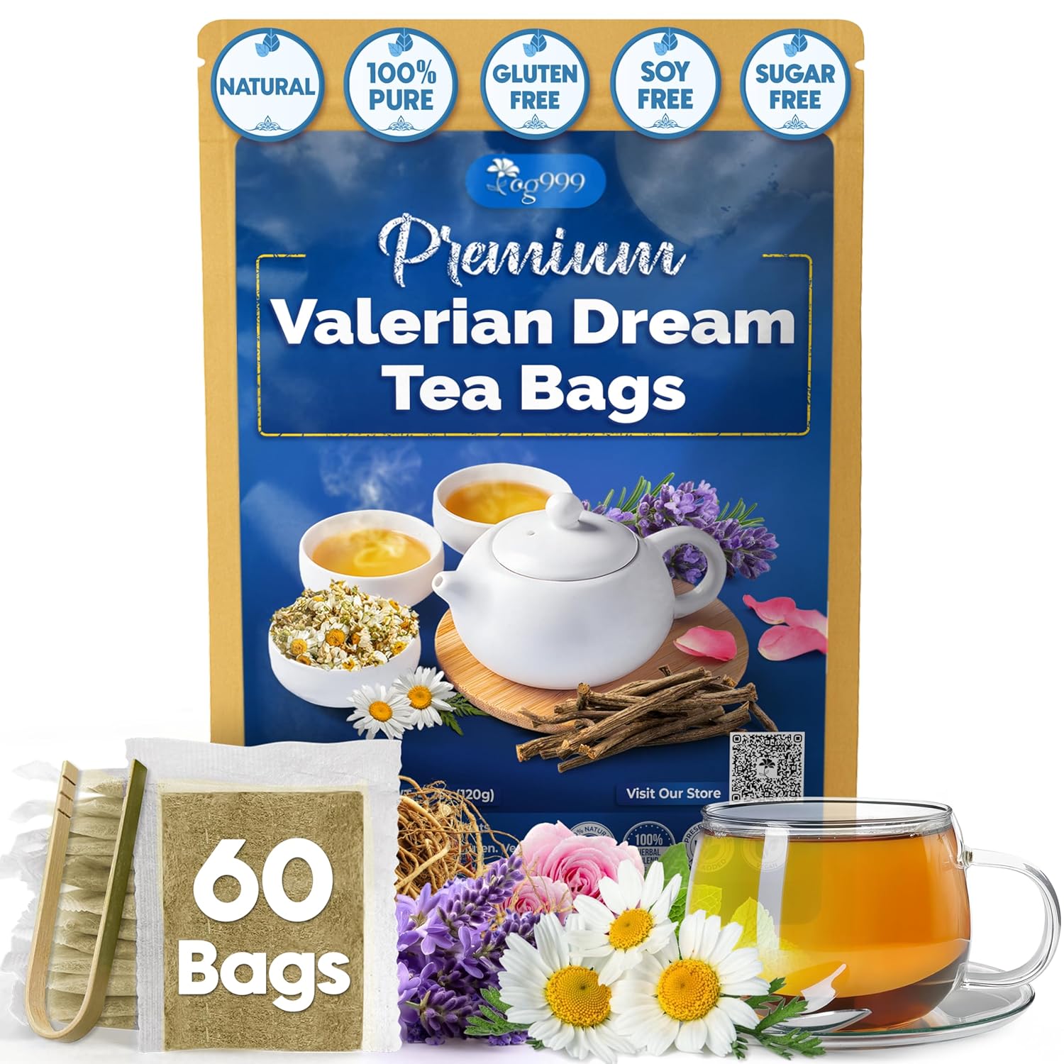 TOG999, Premium Valerian Dream Tea Bags | 60 Count | Herbal Blend with Valerian Root, Chamomile, Lavender, Rose Petal & Spearmint | Naturally Caffeine-Free, Relaxing Evening Tea. Vegan