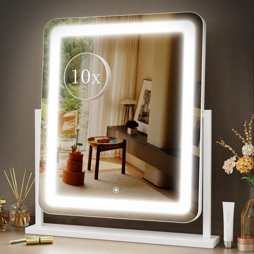 Makeup Vanity Mirror with Lights 15.2" Large LED Lighted Mirror, Hollywood Make Up Mirror with Lighting for Bedroom Tabletop, Smart Touch, 360° Rotation, (White)