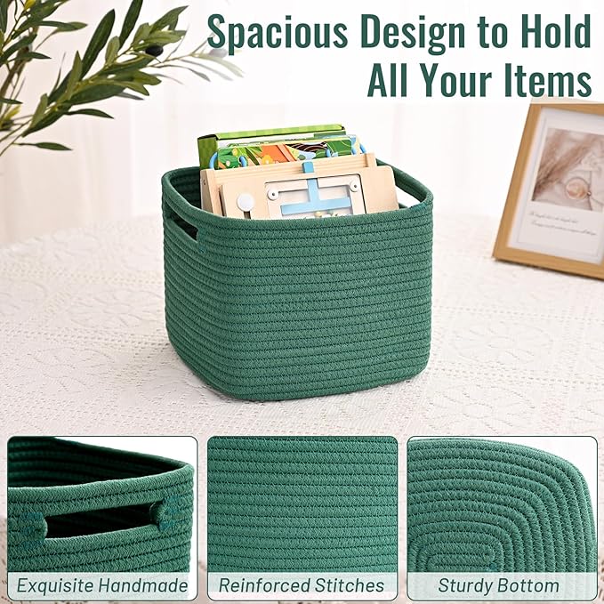 3 Pack Cube Storage Bin, 9”x9”x7” Cotton Rope Woven Baskets for Organizing Toys Clothes Towels, Square Gift Storage Baskets for Shelf, Nursery, Closet, Bathroom, Pantry (Green)