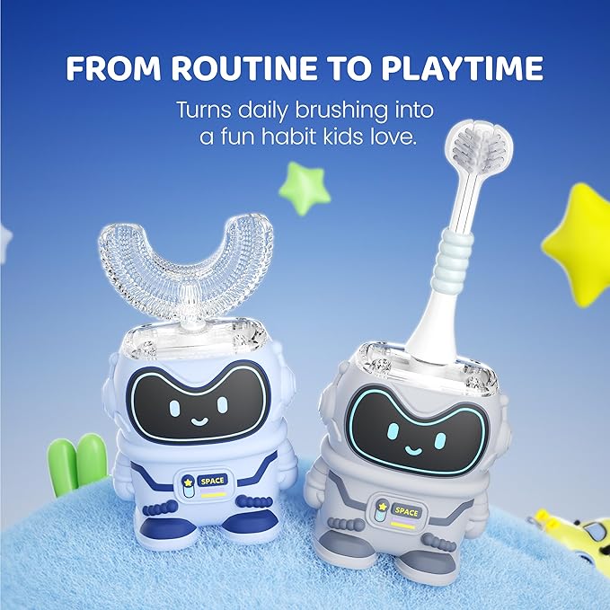 Well Before Ultrasonic Kid's U-Shaped Electric Toothbrush, IPX7 Waterproof, Five Cleaning Modes (Spaceman, Grey Ages 2-7)