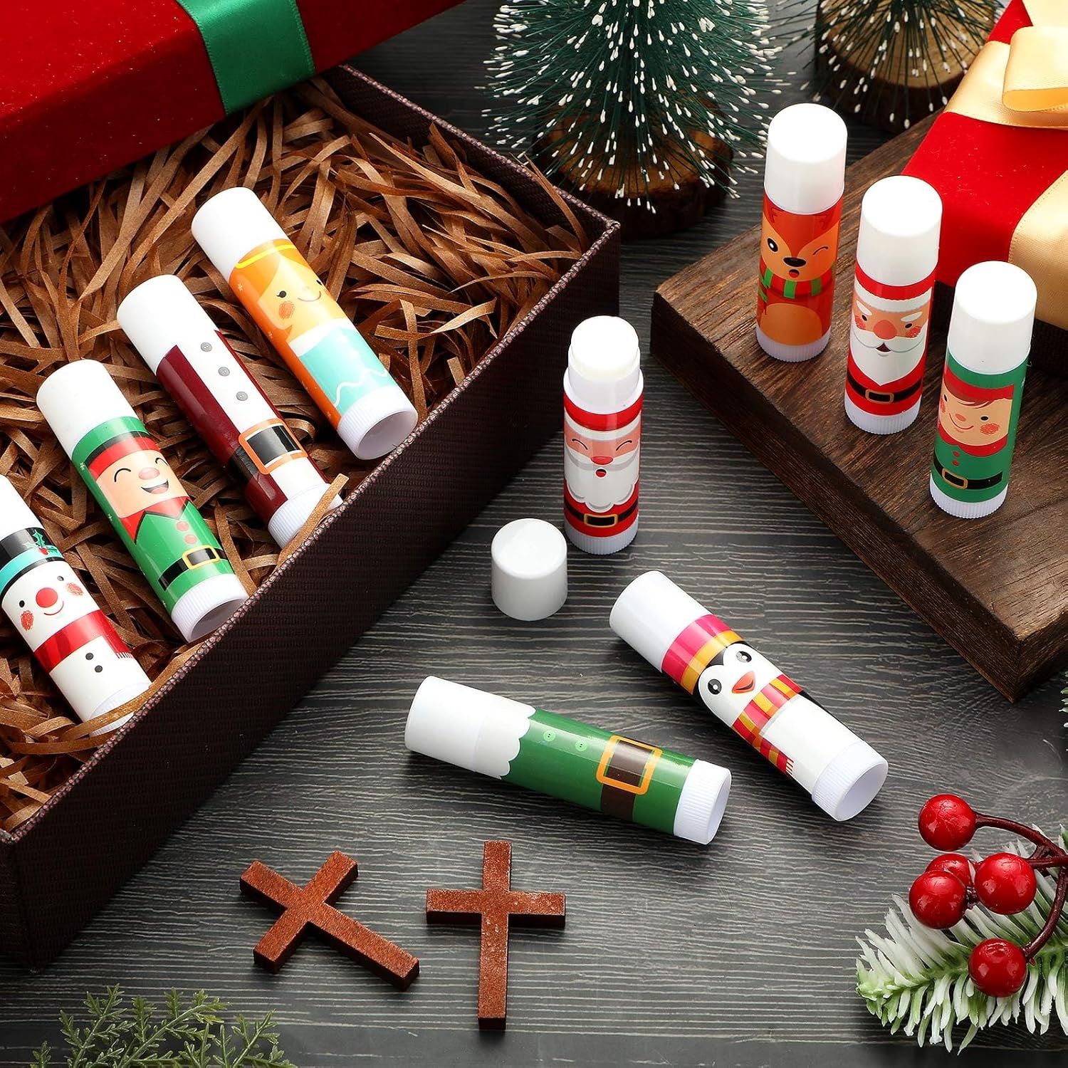 Dunzy 50 Pcs Lip Balm in Bulk Gift Set Moisturizing Lip Moisturizer Christmas Party Baby Shower Favors Christmas Party Gifts with Assorted Fruit Flavors for Women Men Dry Chapped Lips Gifts