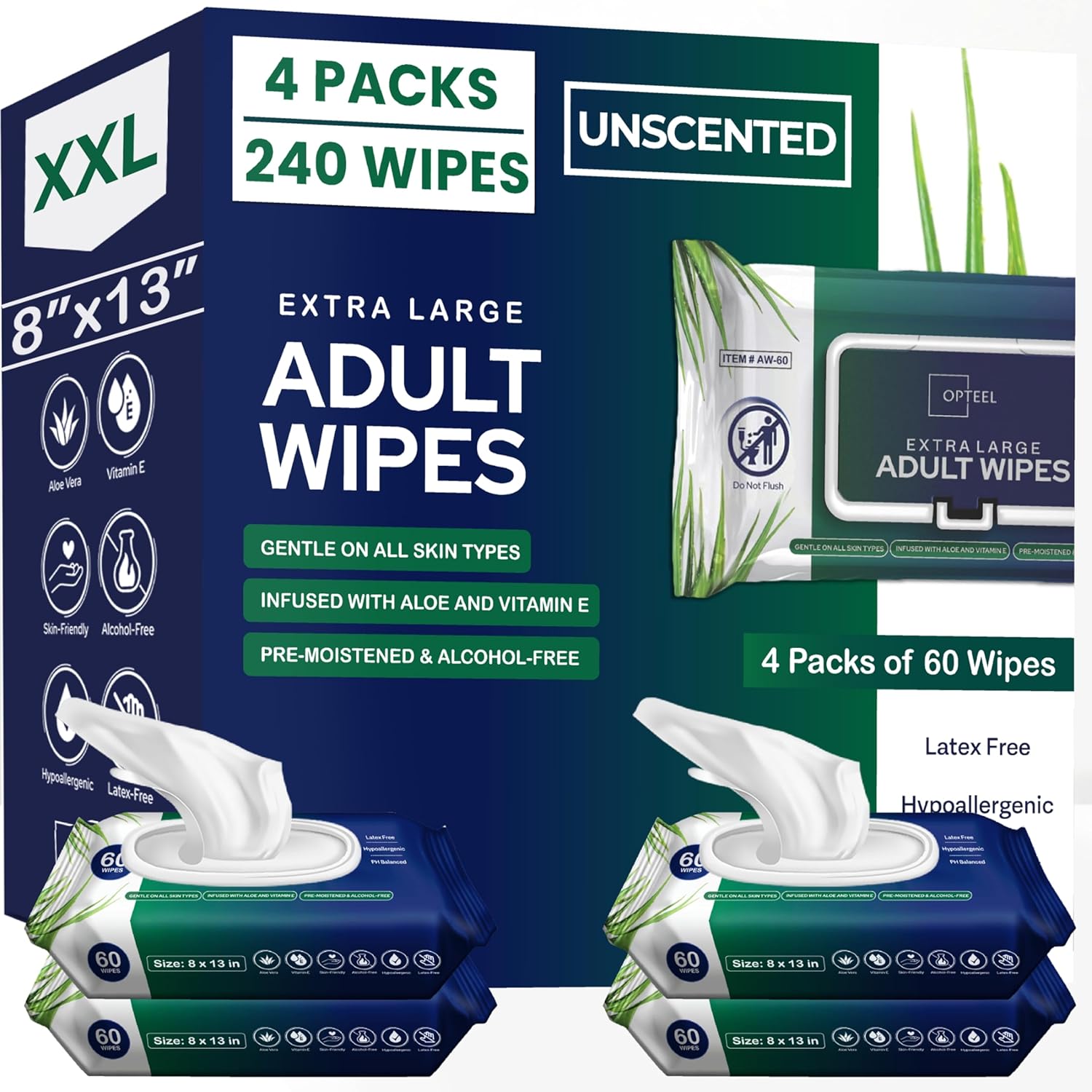 Adult Wipes For Elderly - 8"x13" Extra Large & Soft Wet Wipes for Adults Bathing No-Rinse - Incontinence Disposable Washcloths, Vitamin E & Aloe Infused for Men & Women 240ct (4 Packs of 60)