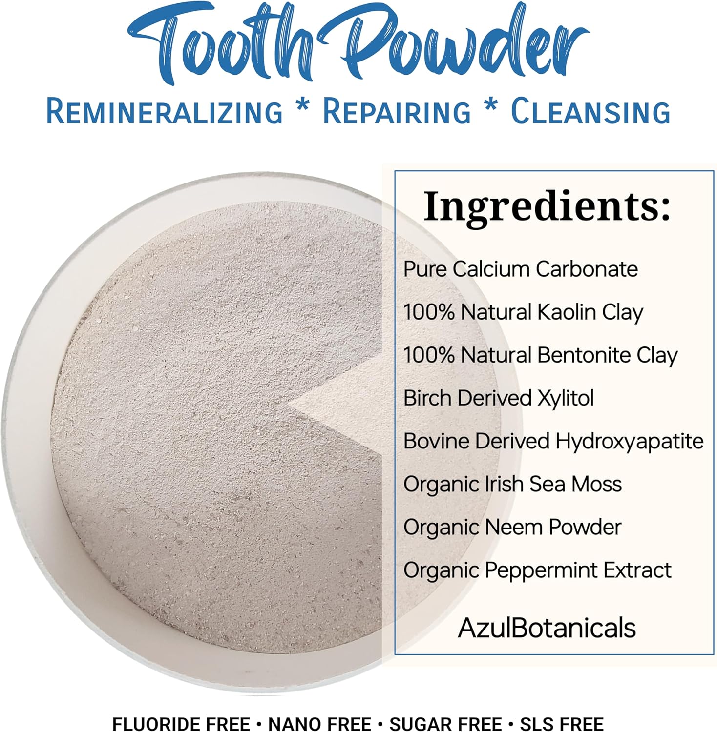 Remineralizing & Cleansing Tooth Powder, Cool Mint. Fluoride Free, SLS Free, Nano Free for Organic Oral Wellness