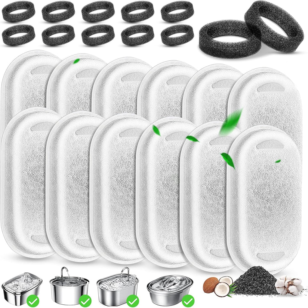 Cat Water Fountain Filter Replacement, 12 Pcs Cat Filters Pet Water Fountain Filter with 12 Pcs Sponges Foam for 67oz/2L & 108oz/3.2L Stainless Steel Automatic Cats Water Fountain Dispenser Filters