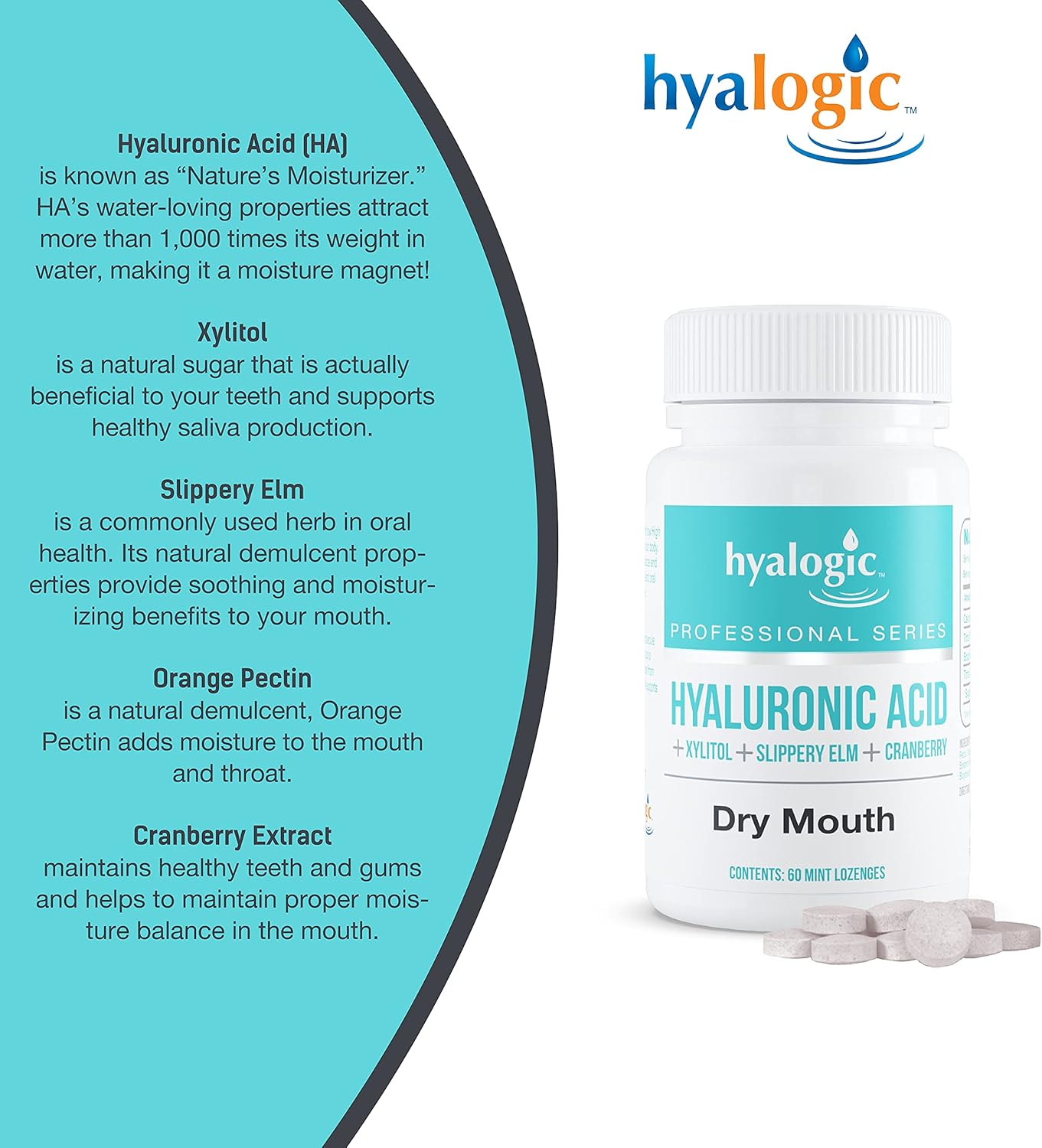 Hyalogic Oral Care Dry Mouth Mints - Hyaluronic Acid HA & Xylitol Lozenges for Hydration - Natural Mint Breath Freshener, Sugar-Free & Vegan Friendly (60 ct)