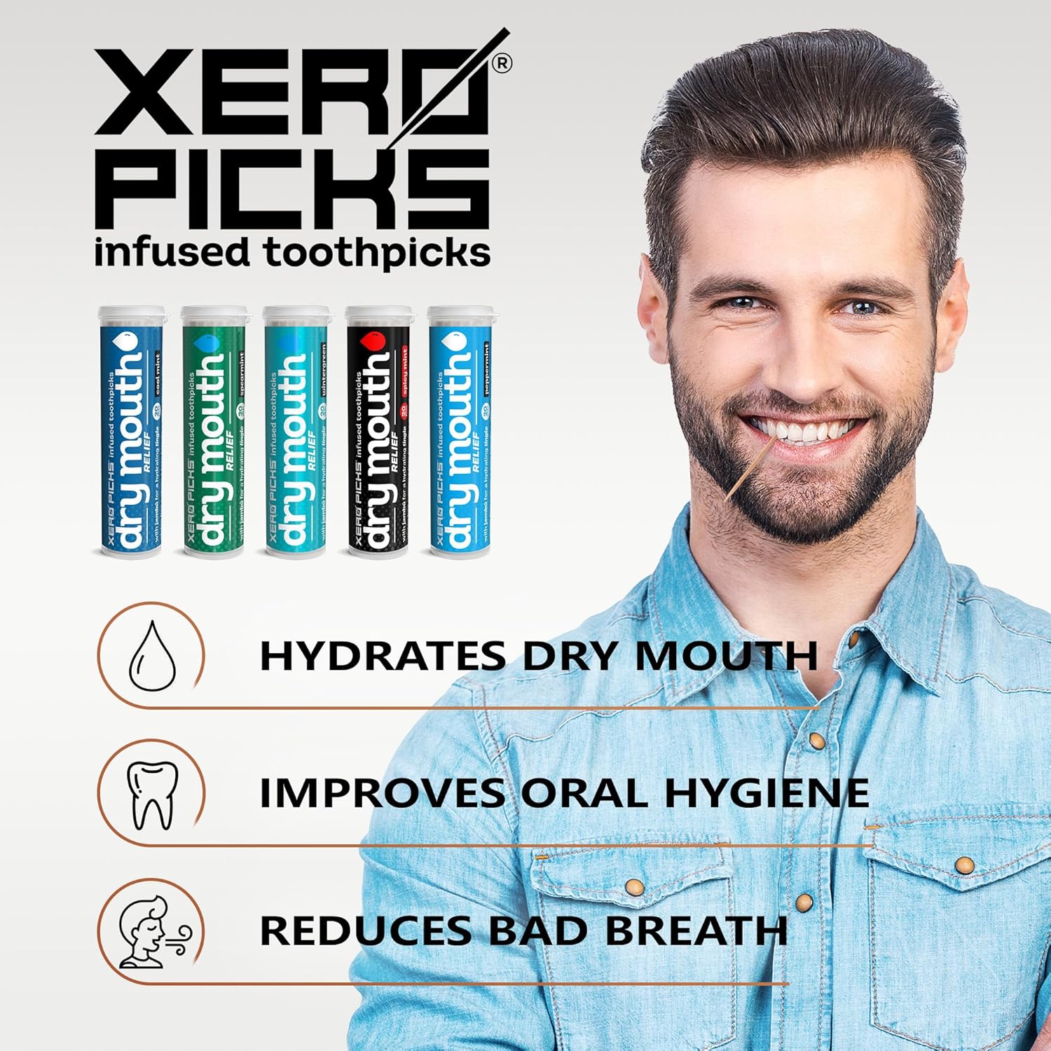 Xero Picks Infused Tooth Picks for Long-Lasting Fresh Breath & Dry Mouth Prevention - 20 Picks (Variety Mints, 5 Pack)-Spearmint, Cool Mint, Wintergreen, Peppermint, Spicy Mint