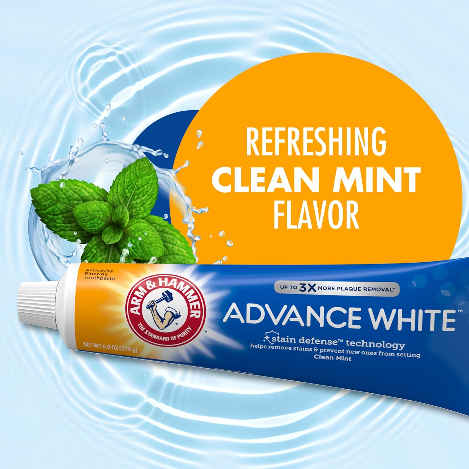 ARM & HAMMER Advance White Toothpaste, Teeth Whitening Baking Soda Toothpaste with Stain Defense Technology and Fluoride, Clean Mint Flavor, 6.0 Oz (Pack of 24)