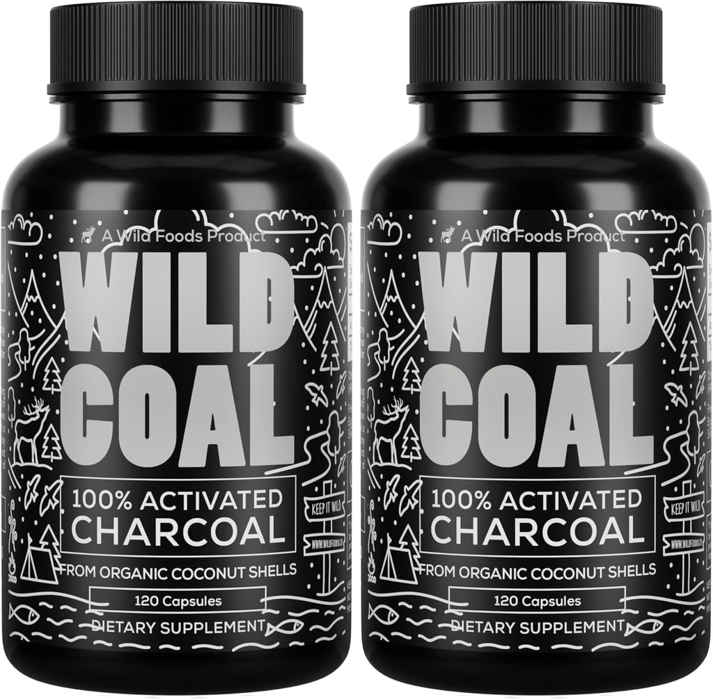 Wild Foods Activated Charcoal Capsules | 100% Organic Coconut Shells Active Tablets for Bloating Relief | Lab Tested & Non-GMO Detox Pills | USA (Two Bottles - 120 Capsules)
