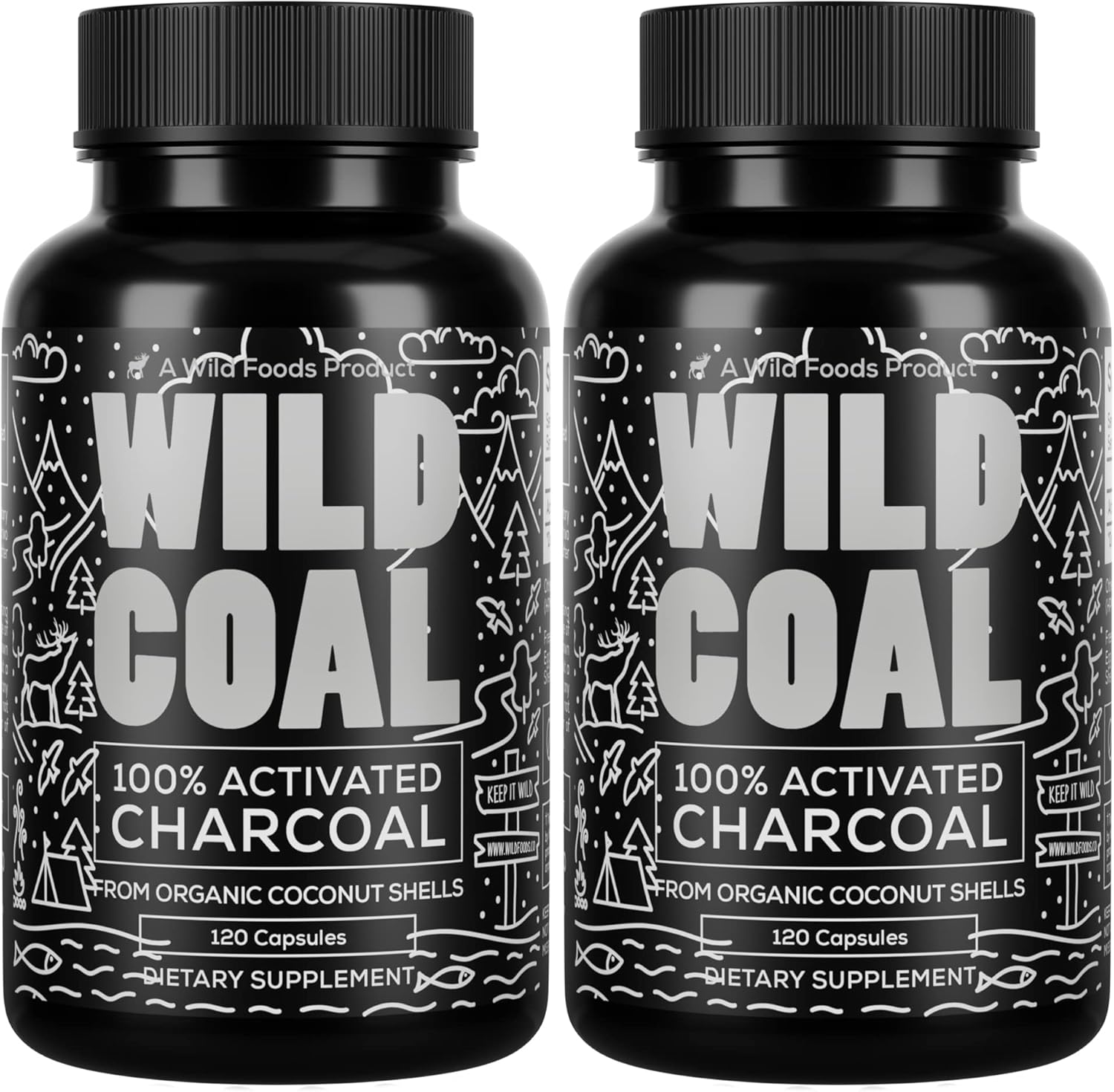 Wild Foods Activated Charcoal Capsules | 100% Organic Coconut Shells Active Tablets for Bloating Relief | Lab Tested & Non-GMO Detox Pills | USA (Two Bottles - 120 Capsules)