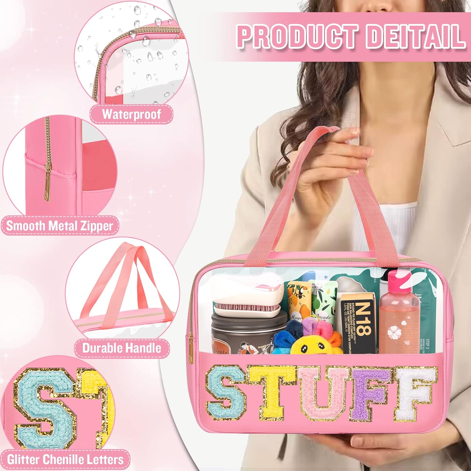 Preppy Clear Stuff Makeup Bags with Chenille Letter Patches, Travel Essentials Large Clear Make up Bag Zipper Pouch with Handle, Waterproof Nylon Cosmetic Toiletry Storage Tote for Women (STUFF-Pink)