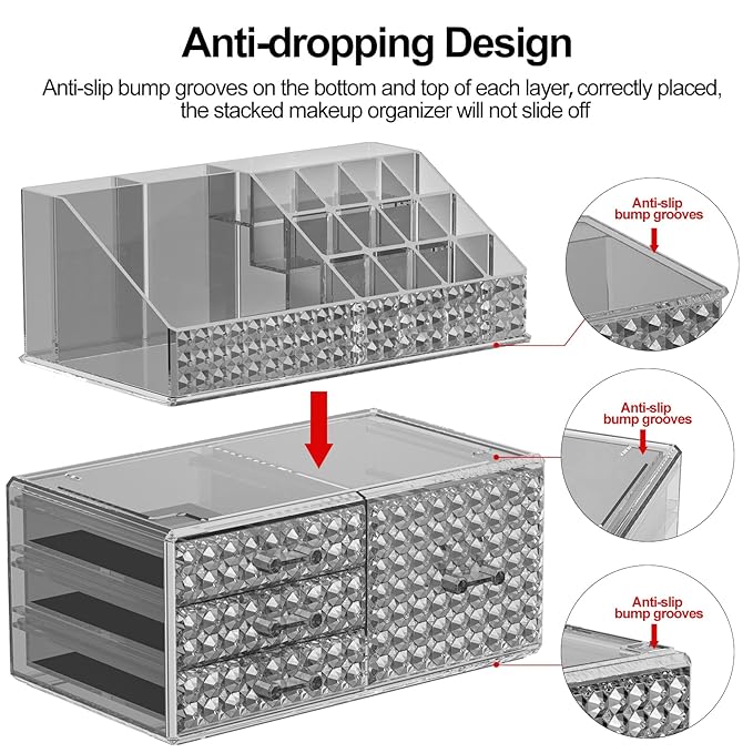3 Pack Makeup Organizer Stackable[Upgraded], Acrylic Cosmetics Storage Cases with 8 Drawers Perfume Organizers For Brush Holder or Jewelry Display,Plus Size,Best For Vanity,Bathroom or Countertop