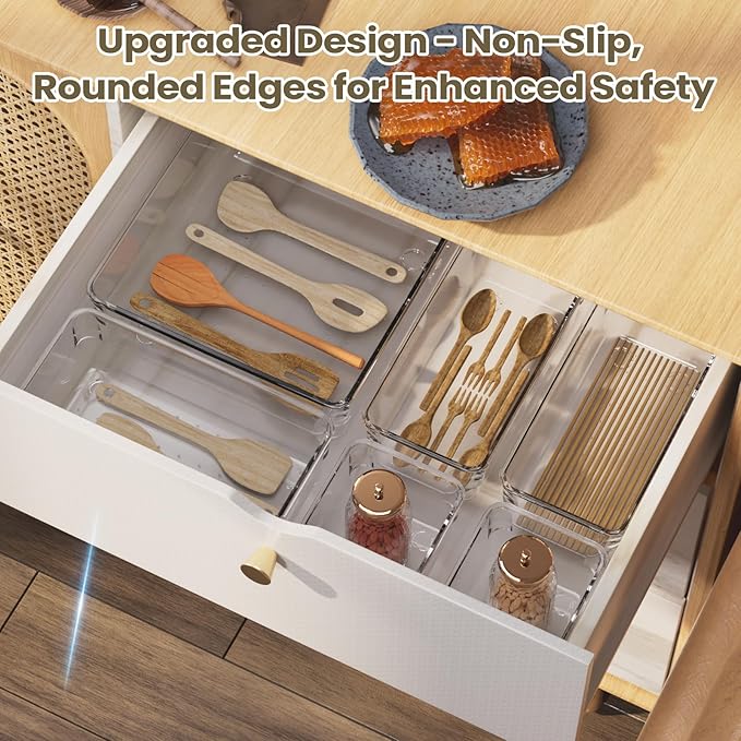 15 PCS Clear Plastic Drawer Organizer Set, 4 Sizes Acrylic Drawer Storage Trays Non Slip Storage Bins for Makeup, Jewelry, Gadgets for Kitchen, Bedroom, Bathroom, Office