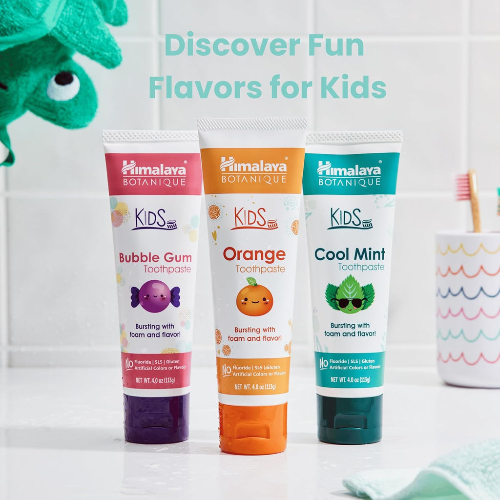 Himalaya Botanique Kids Toothpaste with Xylitol, Variety Pack of Bubble Gum, Orange & Cool Mint - Fluoride Free Toothpaste - Vegan, Gluten Free, No Artificial Flavors or Colors, 4 oz (Pack of 3)