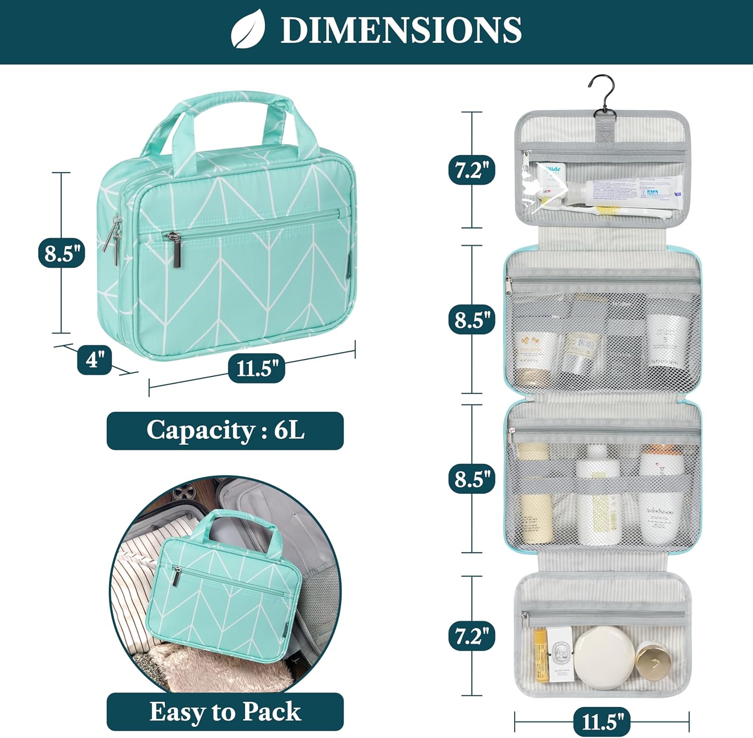 PAVILIA Hanging Toiletry Bag Travel Bag Women Men, Foldable Cosmetic Organizer, Roll up Makeup Bag, Water Resistant Accessories Toiletries, Large Travel Essentials Kit (Teal Chevron)