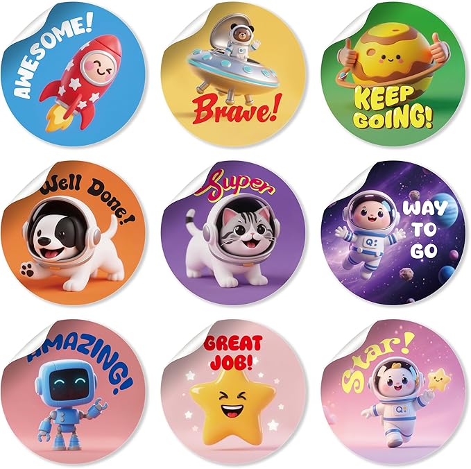 1000PCS Reward Stickers, Teacher Stickers for Kids Classroom 3D Space Theme Motivational Sticker for Kids to Earn as Good Job Sticker