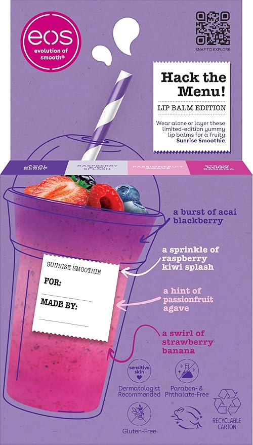eos Flavor Lab Secret Menu Lip Balm Gift Set - Sunrise Smoothie, Limited-Edition, Moisturizing, Hydrating Lip Balm, Dry Lips, Variety Pack, 0.14 oz, 4-Pack