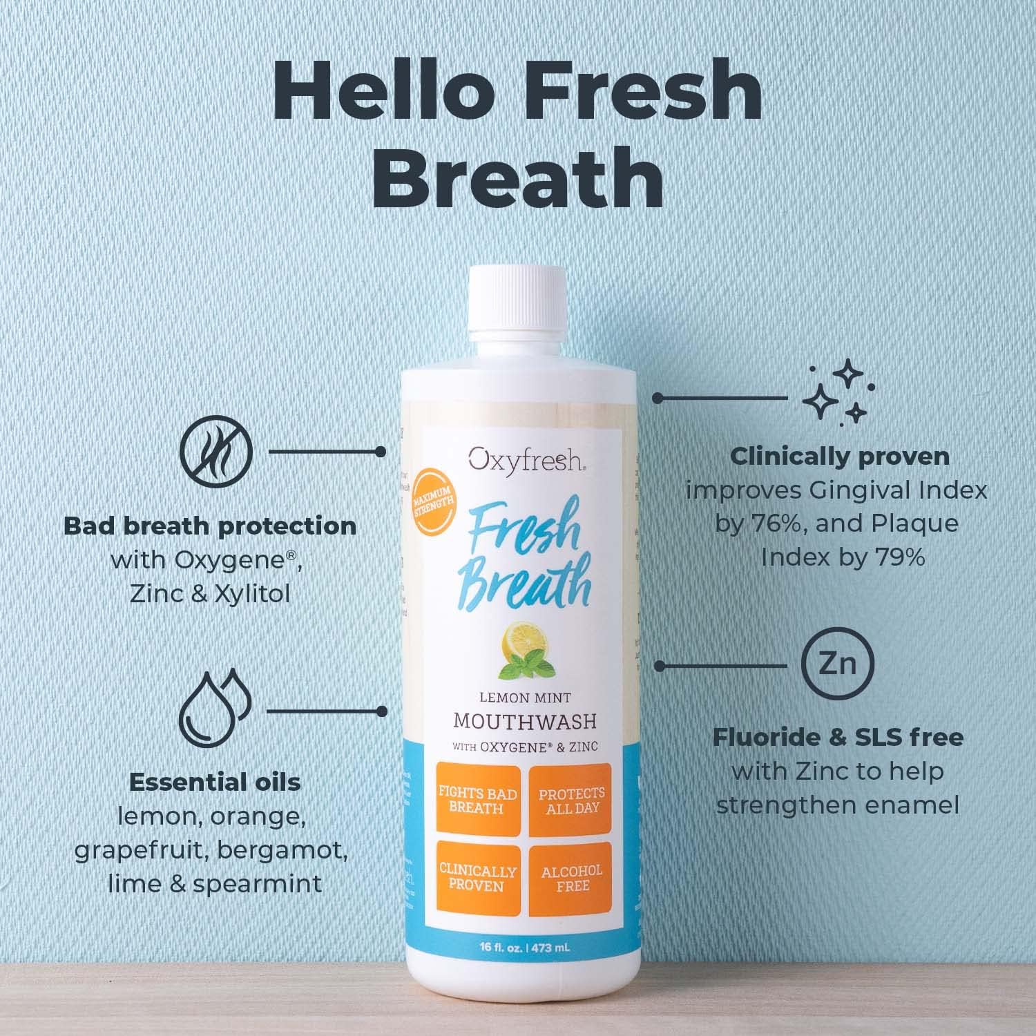Oxyfresh Lemon Mint Fresh Breath Mouthwash – Bad Breath Treatment – SLS & Fluoride Free – Alcohol Free, Gentle Nonburning with Xylitol & Essential Oils – 16 Fl Oz