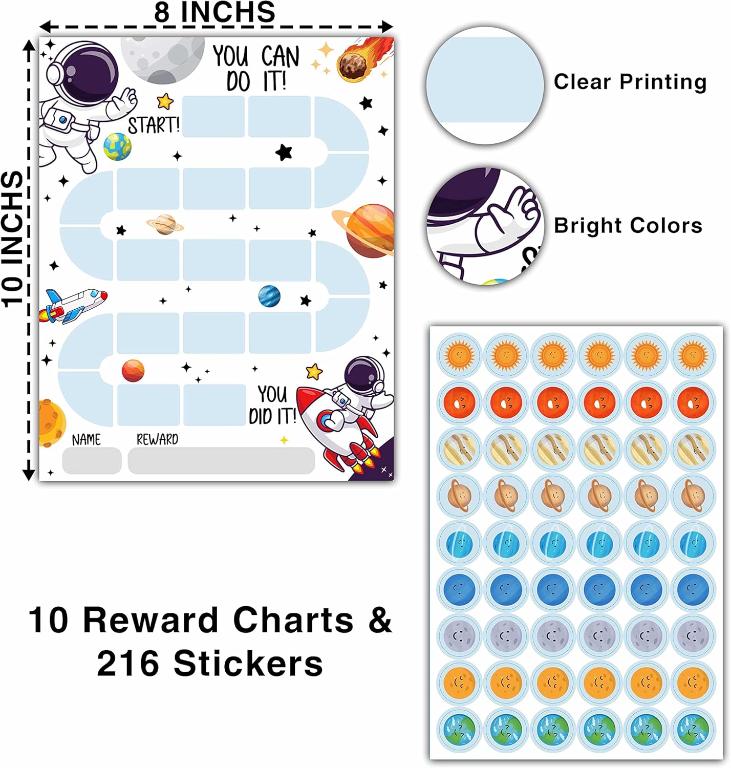 10 Outer Space Astronaut Reward Chart with 216 Round Stickers, Incentive Behavior Chart for Kids at Home Classroom, Kids Routine Daily Chore Sticker Chart-A18