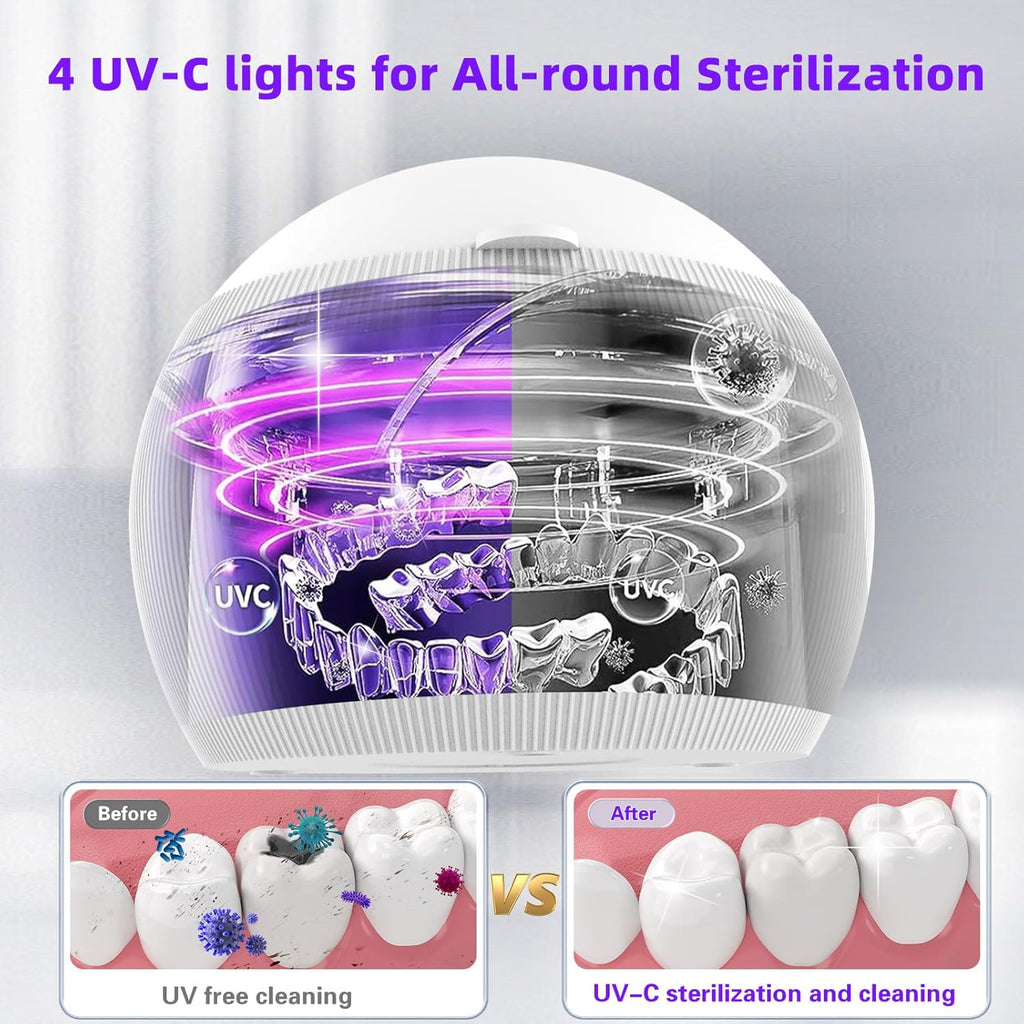 Voraiya Ultrasonic UV Cleaner for Dentures, Aligner, Retainer, Whitening Trays, Night Dental Mouth Guard, Toothbrush Head, Ultrasonic Jewelry Cleaner Machine for all dental Appliances, Diamon (White)