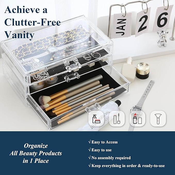 Sea Team Clear Makeup Organizer with Drawers, Acrylic Plastic Cosmetic Display Case, Jewelry Storage Box, Holder for Dresser, Bathroom, Vanity, Countertop (3 Middle Drawers)