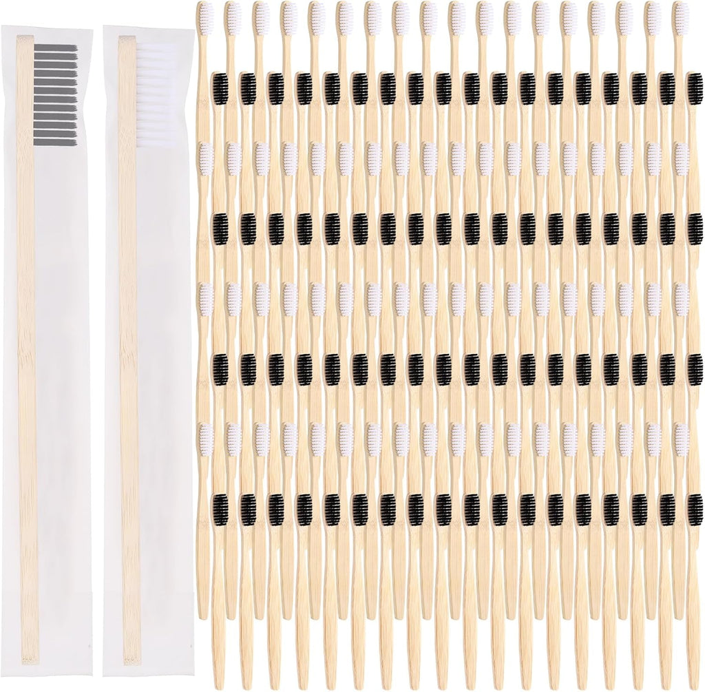 Vesici 100 Pcs Bamboo Toothbrushes Bulk Soft Bristles Toothbrushes with Micro Fur Ultra Wooden Bamboo Teeth Brushes Manual for Adults Travel Family Hotel Use Individually Packaged (Black,White)