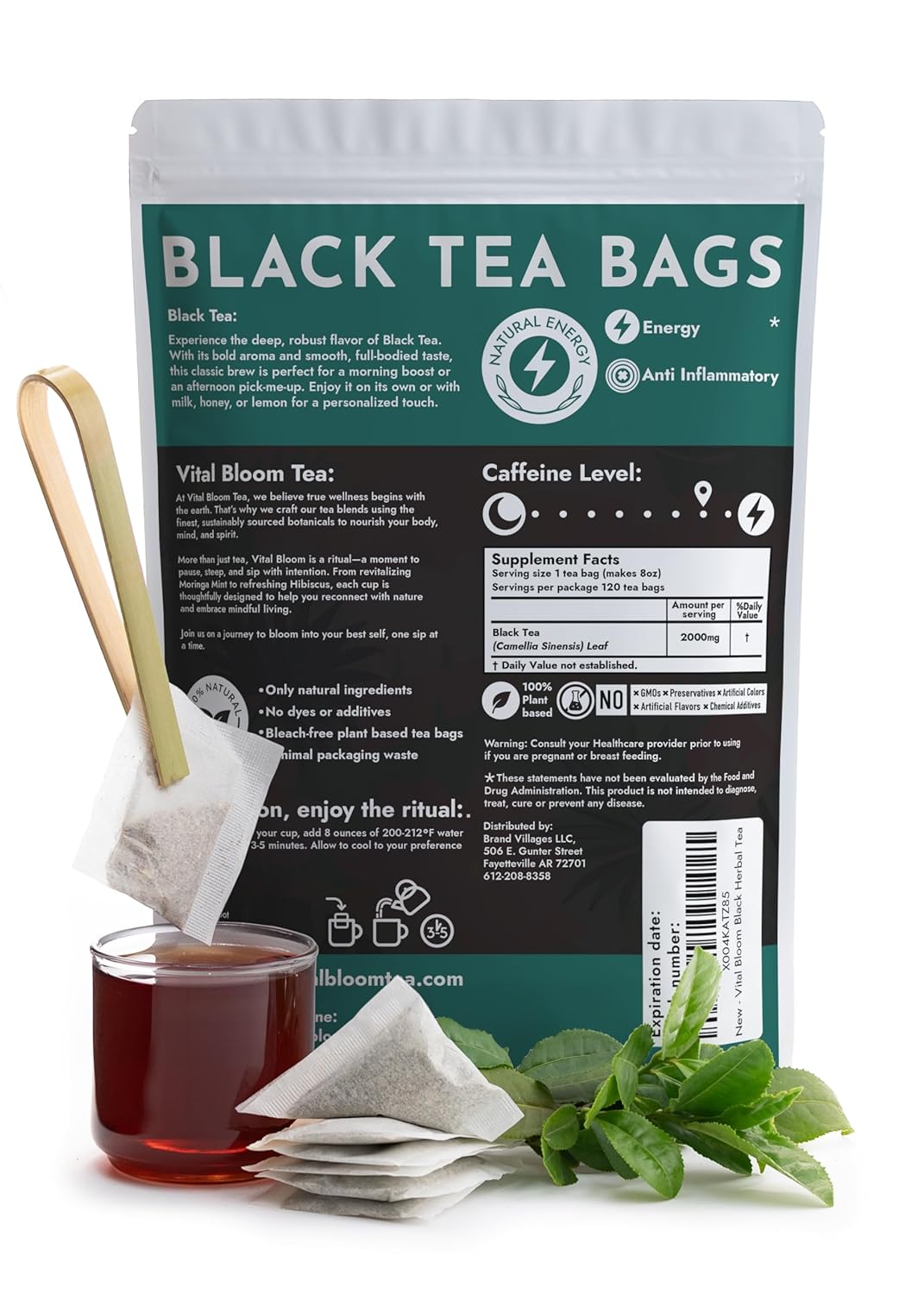 Vital Bloom Black Tea, 120 Count Tea Bags, Smooth, Flavourful, and Robust, Enjoy Hot or Cold Brew, Bleach Free Tea Bags, Non GMO (Free Bamboo Tongs Included)