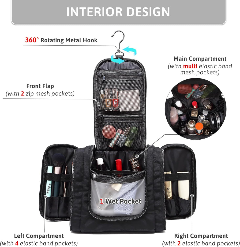 Pearl Angeli Hanging Toiletry Bag for Women, Large Makeup Cosmetic Bag, Water Resistant Toiletries Travel Essentials Organizer, Full-size Container, Black