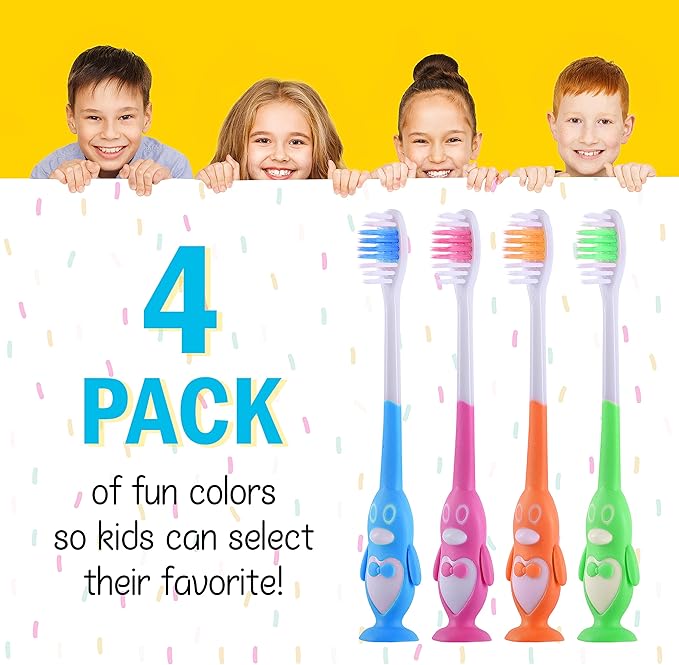 Kids Toothbrush Suction Cup, Toddler Toothbrush Soft Bristles, Child Toothbrush Suction Cups For Easy Access, Toddler Toothbrushes Handles Perfect For Tiny Hands of Boys and Girls (4 Pack - Penguin)