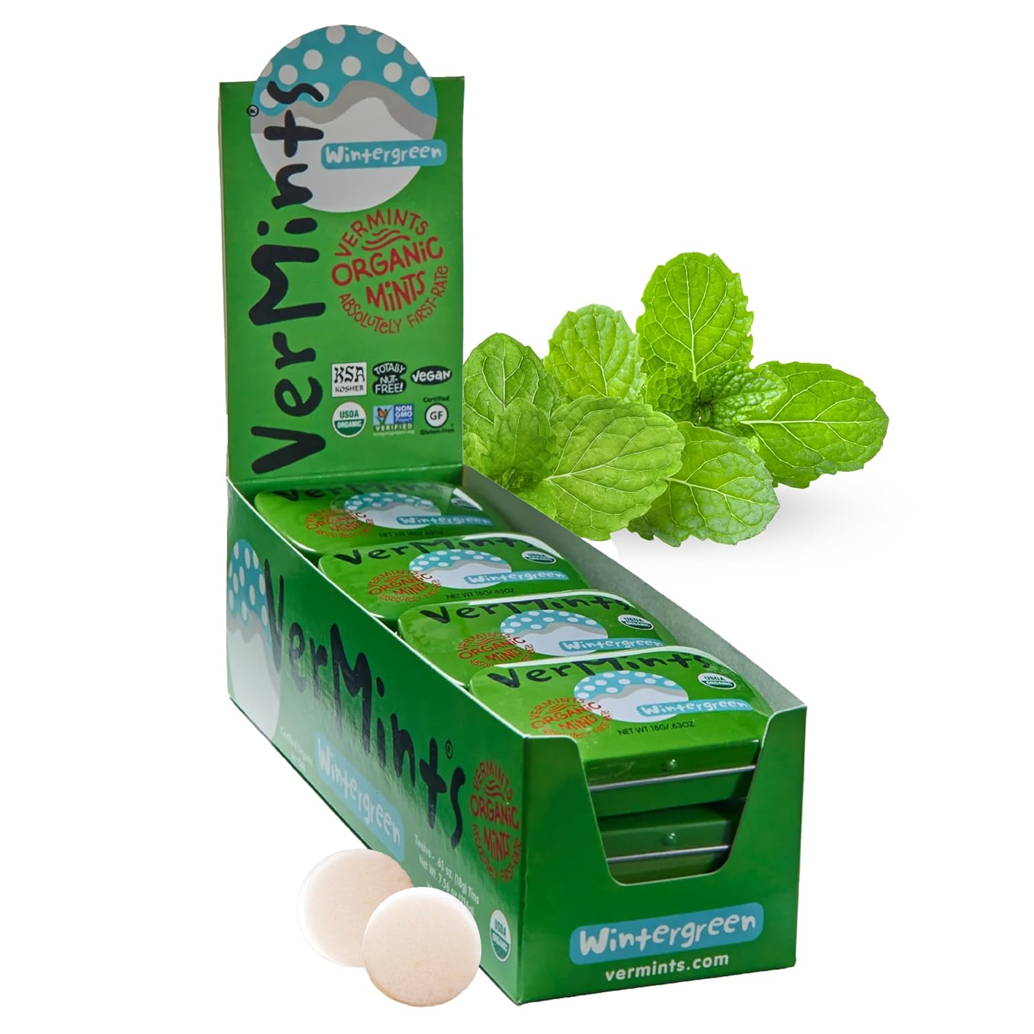 VerMints Organic Breath Mints Wintergreen - Real Long-Lasting Refreshment, Travel Size Tin - Non-GMO, Vegan, Nut Free, Gluten Free & Kosher Organic Candy Mints- .63oz/18g Tins (Pack of 12)