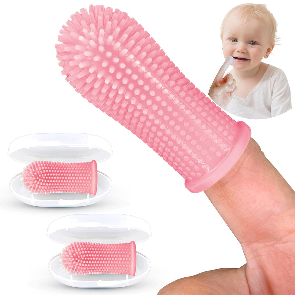 Baby Toothbrush, 360 Degree Bristle Silicone Finger Toothbrush 6 to 12 Months, and Toddler Toothbrushes 1-2, Set of 2 – Pink