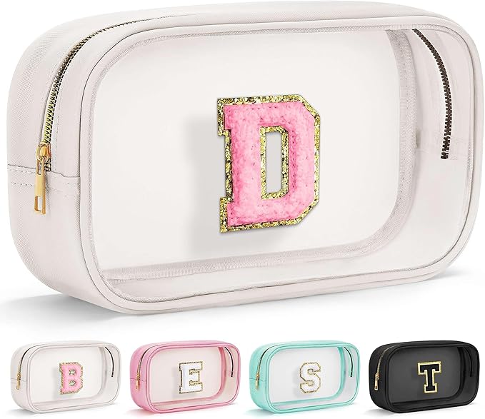 YOOLIFE Travel Toiletry Bag for Women, White Clear Makeup Bag Cute Make Up Bag Cosmetic Bags Skin Care Makeup Bag Organizer Birthday Gifts for Women Bridesmaid Mother Girlfriend Initial D