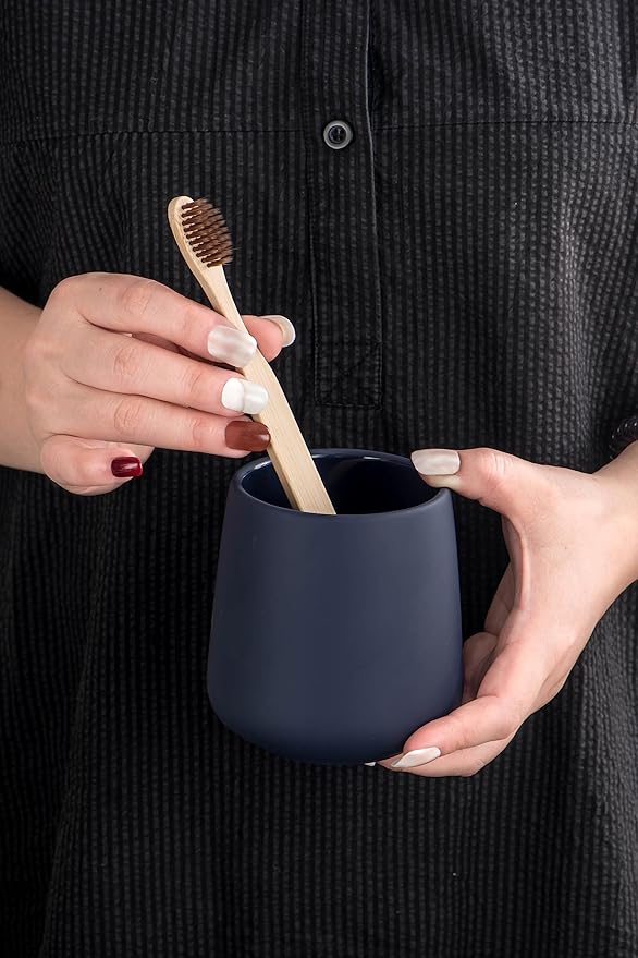 Matte Toothbrush Holder for Bathroom,Tooth Brush Holder,Modern Ceramic Toothbrush Cup as Toothpaste Holder,Bathroom Cup,Makeup Brush Cup (Dark Blue)