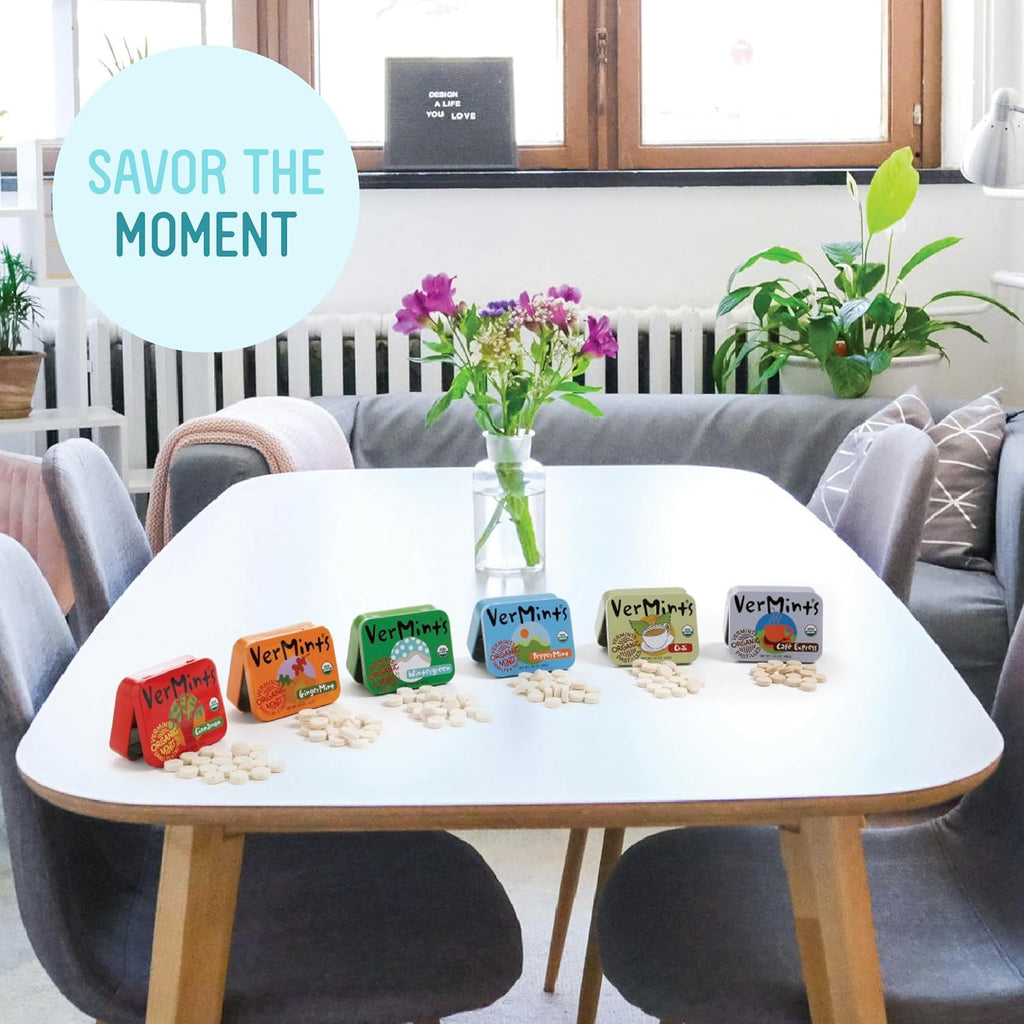 VerMints Organic Breath Mints – Peppermint, Ginger, Wintergreen, Cinnamon, Chai & Cafe Express Flavored Mints - Non-GMO, Gluten-Free, Vegan & Kosher Healthy Refresh - 1.41oz – 6 Variety Travel Tins