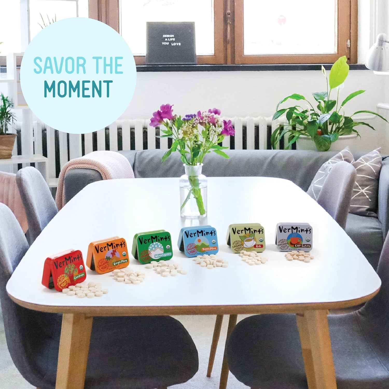 VerMints Organic Breath Mints – Peppermint, Ginger, Wintergreen, Cinnamon, Chai & Cafe Express Flavored Mints - Non-GMO, Gluten-Free, Vegan & Kosher Healthy Refresh - 1.41oz – 6 Variety Travel Tins