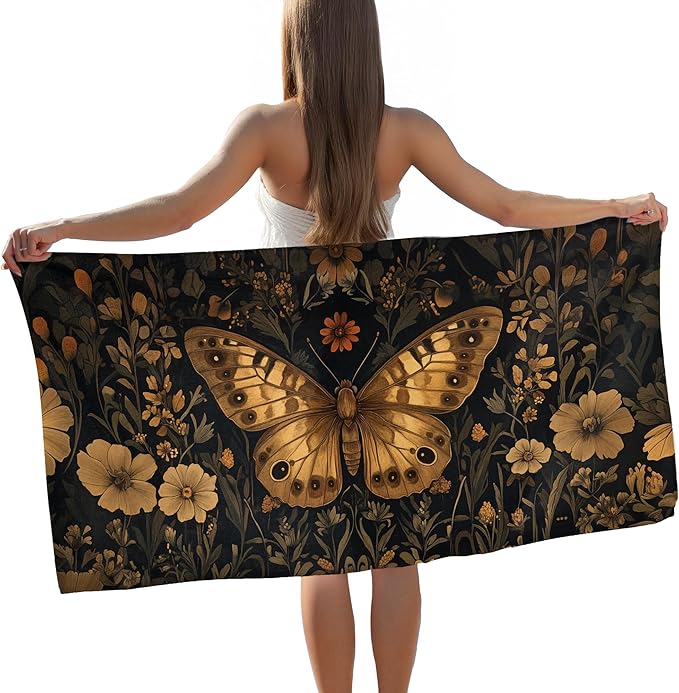 Vintage Butterfly Beach Towel, Vintage Butterfly Pool Towels, Dark Cottagecore Botanical Large Beach Bath Travel Towels for Women, Retro Butterflies Flowers Bathroom Accessories Decor, 30x60in