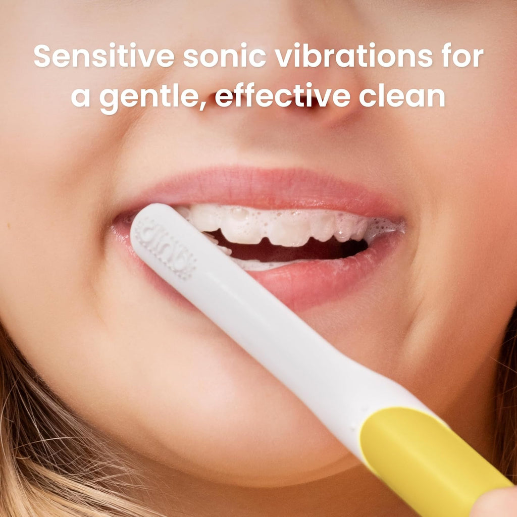 Quip Kids Electric Toothbrush, Battery-Powered Sonic, Yellow, with 2-Min Timer, Extra Head and Travel Cover