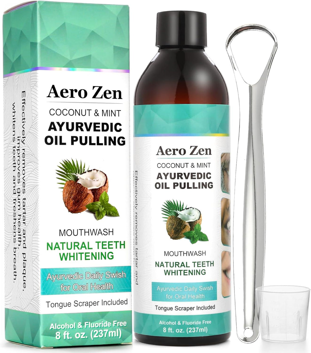 Coconut Oil Pulling Mouthwash with Peppermint - Alcohol-Free Oral Care - Fresh Breath Solution - Organic Essential Oils Formula with Tongue Scraper - Gum Health Treatment - 237ML