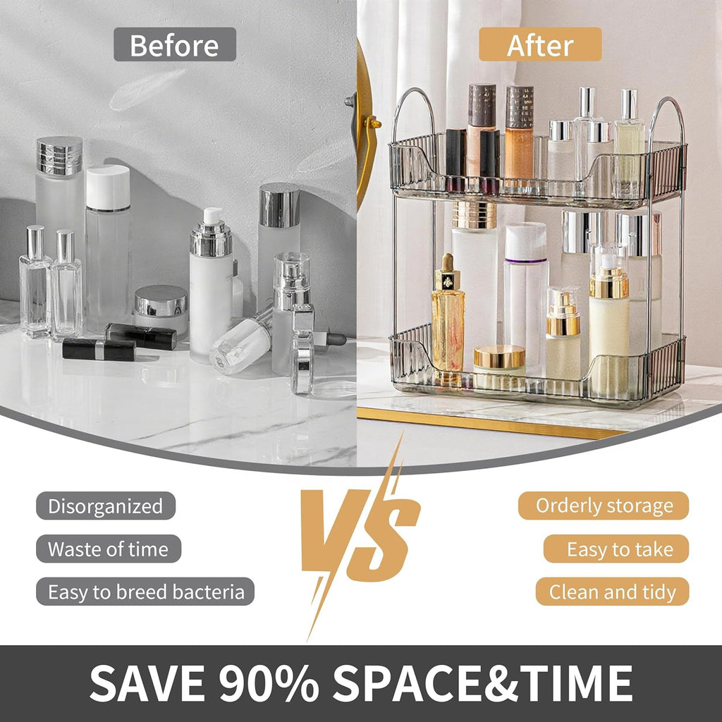 YCIA&DONE Bathroom Organizer Countertop, Makeup Storage, Skincare Cosmetic Tray Shelf, Perfume Holder Rack for Vanity Counter, Large Capacity, Easy to Install, Clean, 2 Tiers, Smoky Gray