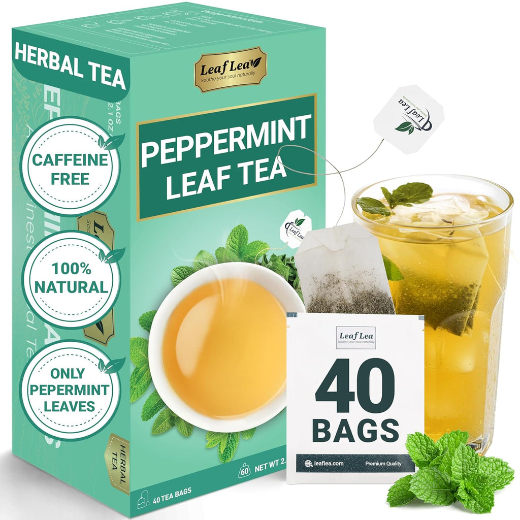 LeafLea 40 Peppermint Tea Bags, Natural Peppermint Leaf Herbal Tea with Cool Taste, Te De Menta for Gentle Digestive Support, Te De Hierba Buena, Caffeine-Free, Sugar-Free, Vegan, Individually Wrapped