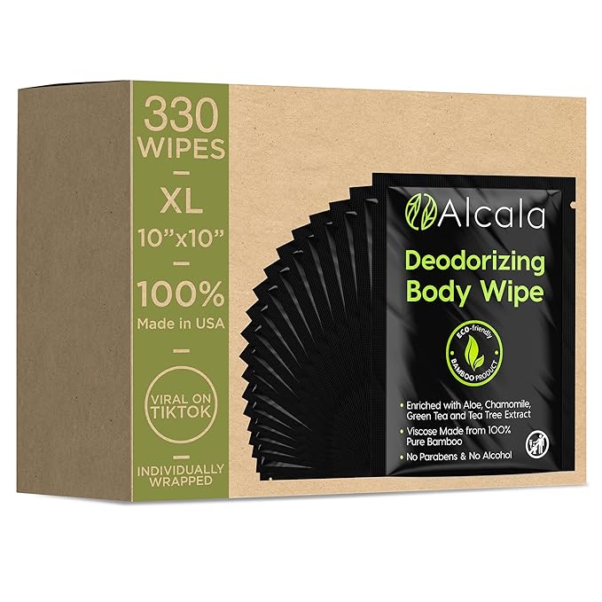 Alcala Deodorizing Body Wipes Individual Shower Wipes 100% Pure Biodegradable Bamboo Wet Wipes with Aloe Tea Tree Adult Body Wipes for Women & Men Ideal for Camping Hiking, Hospitals & Gym (330 Pack)